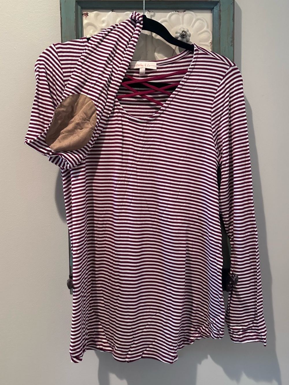 Striped Long-Sleeve Crisscross Neck Blouse in Burgundy and White